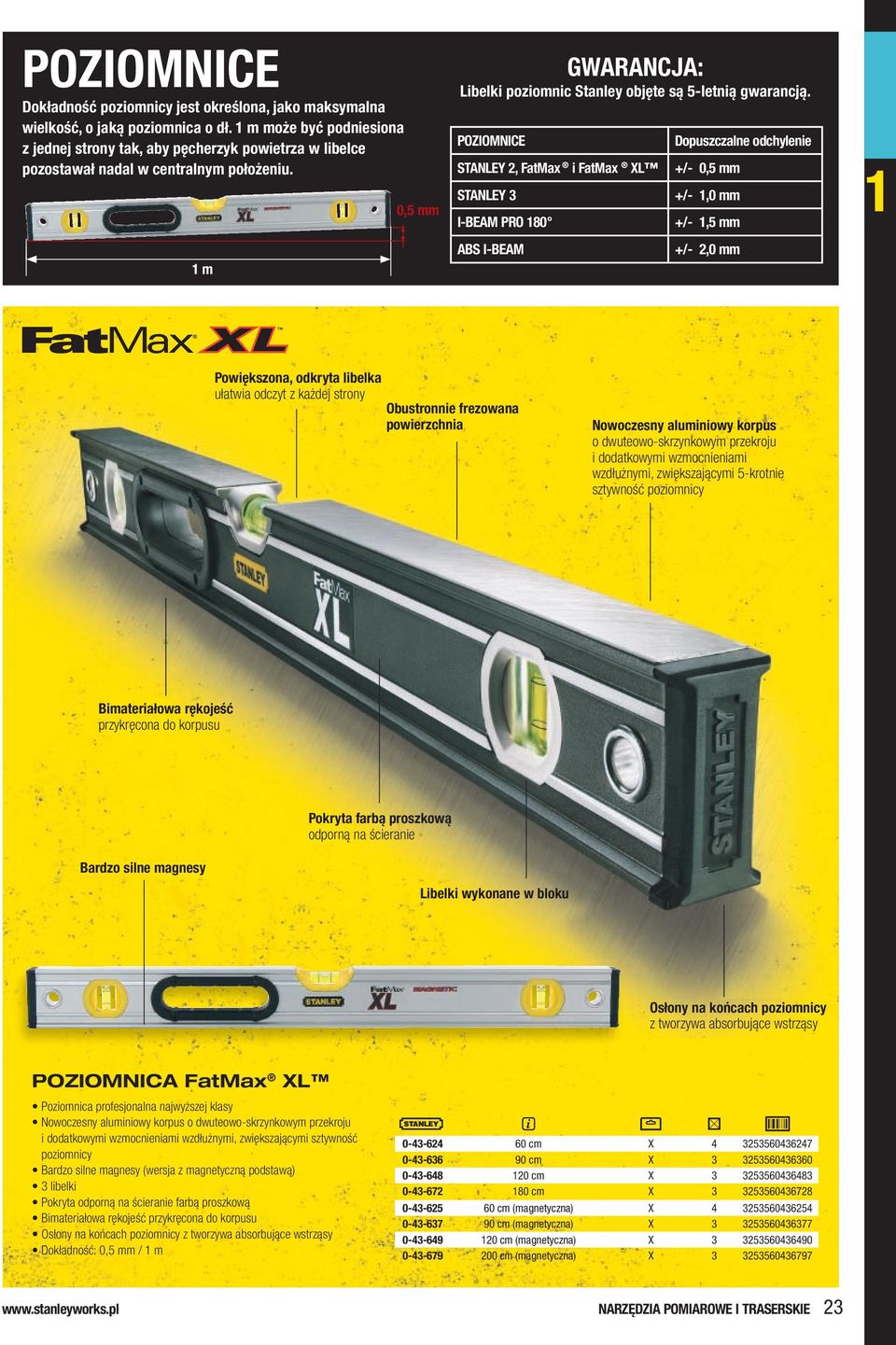 PoziomNiCe stanley 2, fatmax i fatmax XL stanley 3 i-beam Pro 80 dopuszczalne odchylenie +/- 0,5 mm +/-,0 mm +/-,5 mm m abs i-beam +/- 2,0 mm Powiększona, odkryta libelka ułatwia odczyt z każdej