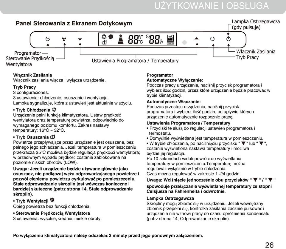 Lampka sygnalizuje, które z ustawień jest aktualnie w użyciu. Tryb Chłodzenia Urządzenie pełni funkcję klimatyzatora.