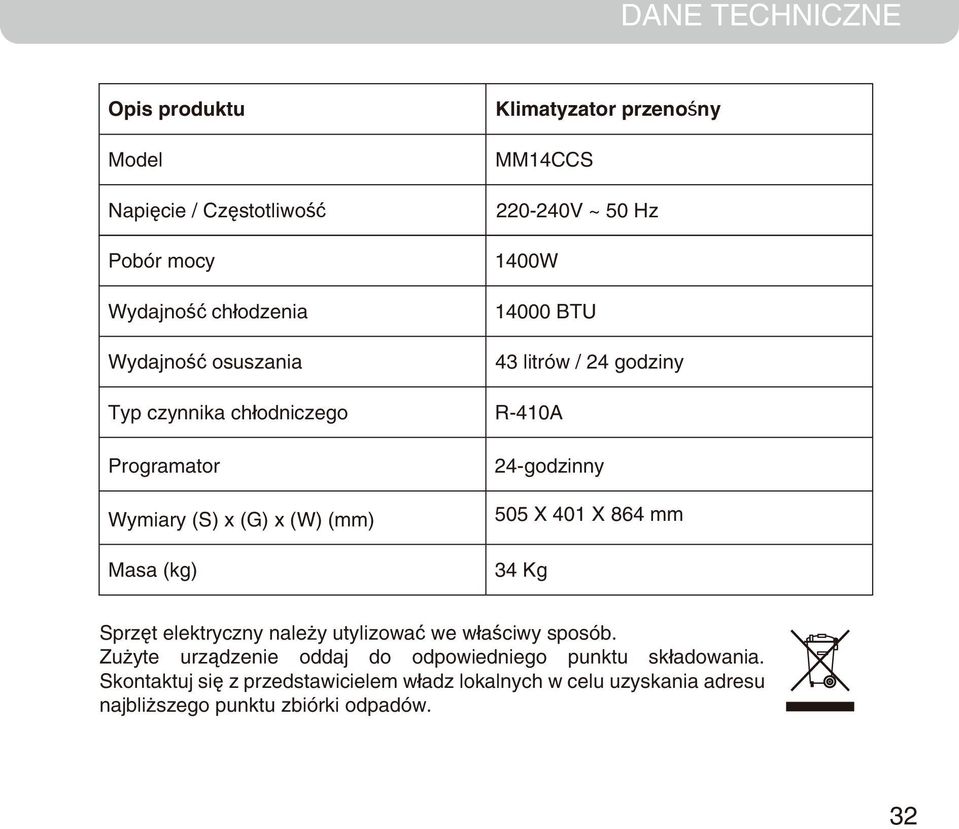 / 24 godziny R-410A 24-godzinny 505 X 401 X 864 mm 34 Kg Sprzęt elektryczny należy utylizować we właściwy sposób.