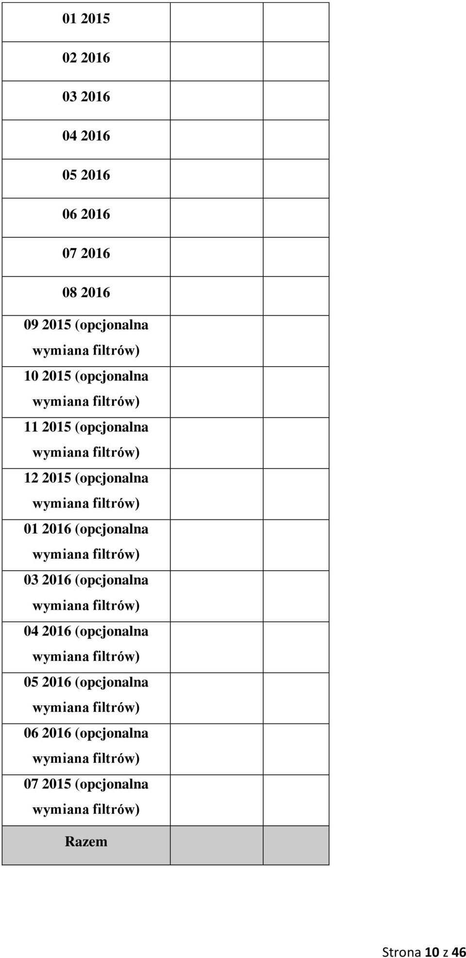 (opcjonalna wymiana filtrów) 03 2016 (opcjonalna wymiana filtrów) 04 2016 (opcjonalna wymiana filtrów) 05 2016