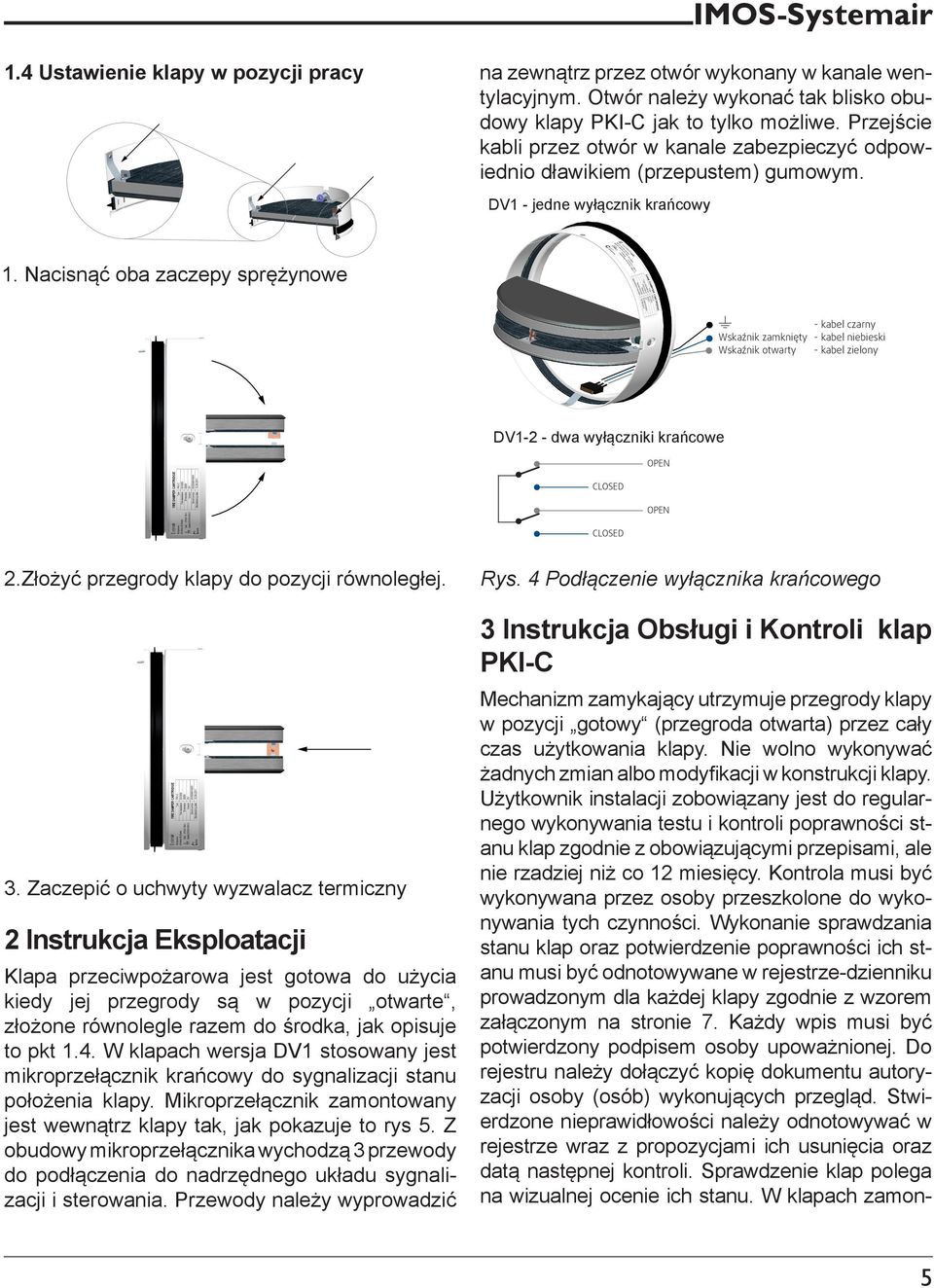 Nacisnąć oba zaczepy sprężynowe - kabel czarny Wskaźnik zamknięty - kabel niebieski Wskaźnik otwarty - kabel zielony DV1-2 - dwa wyłączniki krańcowe OPEN CLOSED OPEN CLOSED 2.