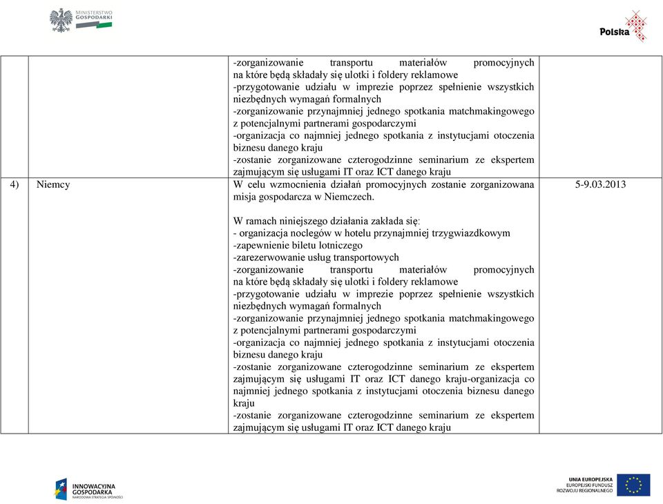 -zostanie zorganizowane czterogodzinne seminarium ze ekspertem zajmującym się usługami IT oraz ICT danego kraju 4) Niemcy W celu wzmocnienia działań promocyjnych zostanie zorganizowana misja