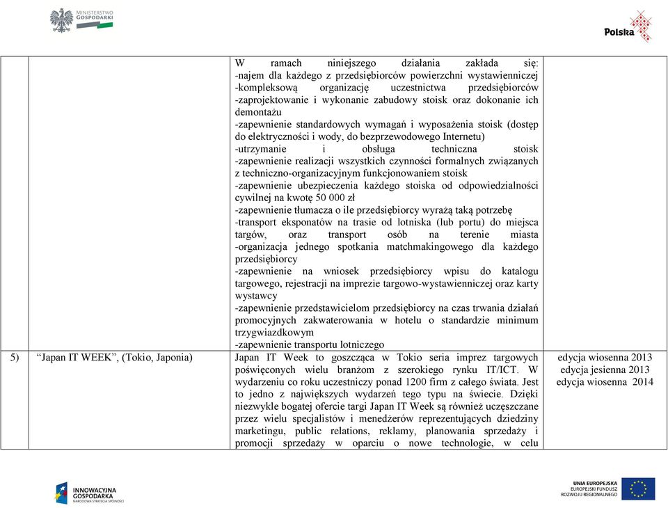 czynności formalnych związanych z techniczno-organizacyjnym funkcjonowaniem stoisk -zapewnienie ubezpieczenia każdego stoiska od odpowiedzialności cywilnej na kwotę 50 000 zł -zapewnienie tłumacza o