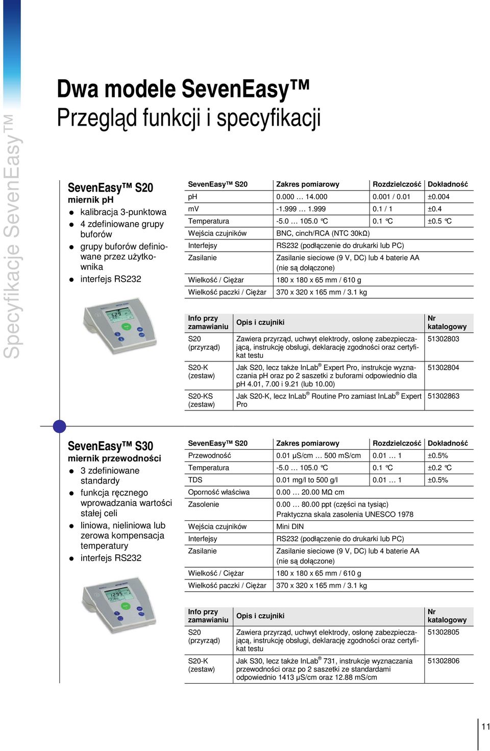 SevenEasy S20 Zakres pomiarowy Rozdzielczo Dokładno ph 0.000 14.000 0.001 / 0.01 ±0.004 mv -1.999 1.999 0.1 / 1 ±0.4 Temperatura -5.0 105.0 C 0.1 C ±0.