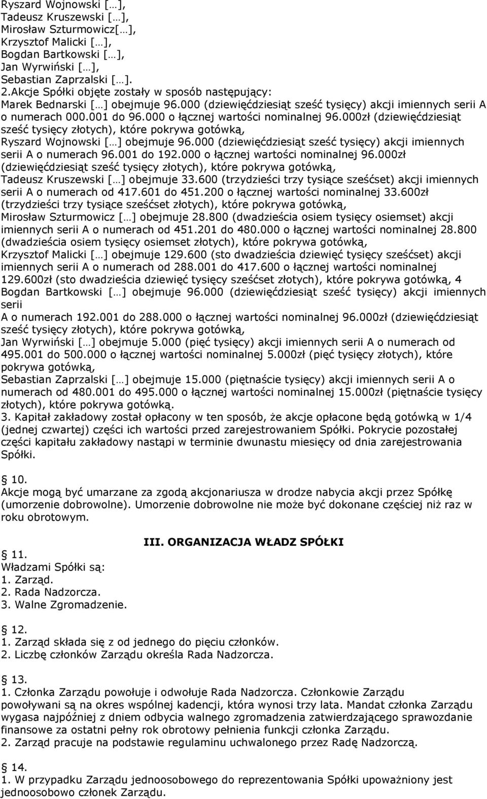 000 o łącznej wartości nominalnej 96.000zł (dziewięćdziesiąt sześć tysięcy złotych), które pokrywa gotówką, Ryszard Wojnowski [ ] obejmuje 96.