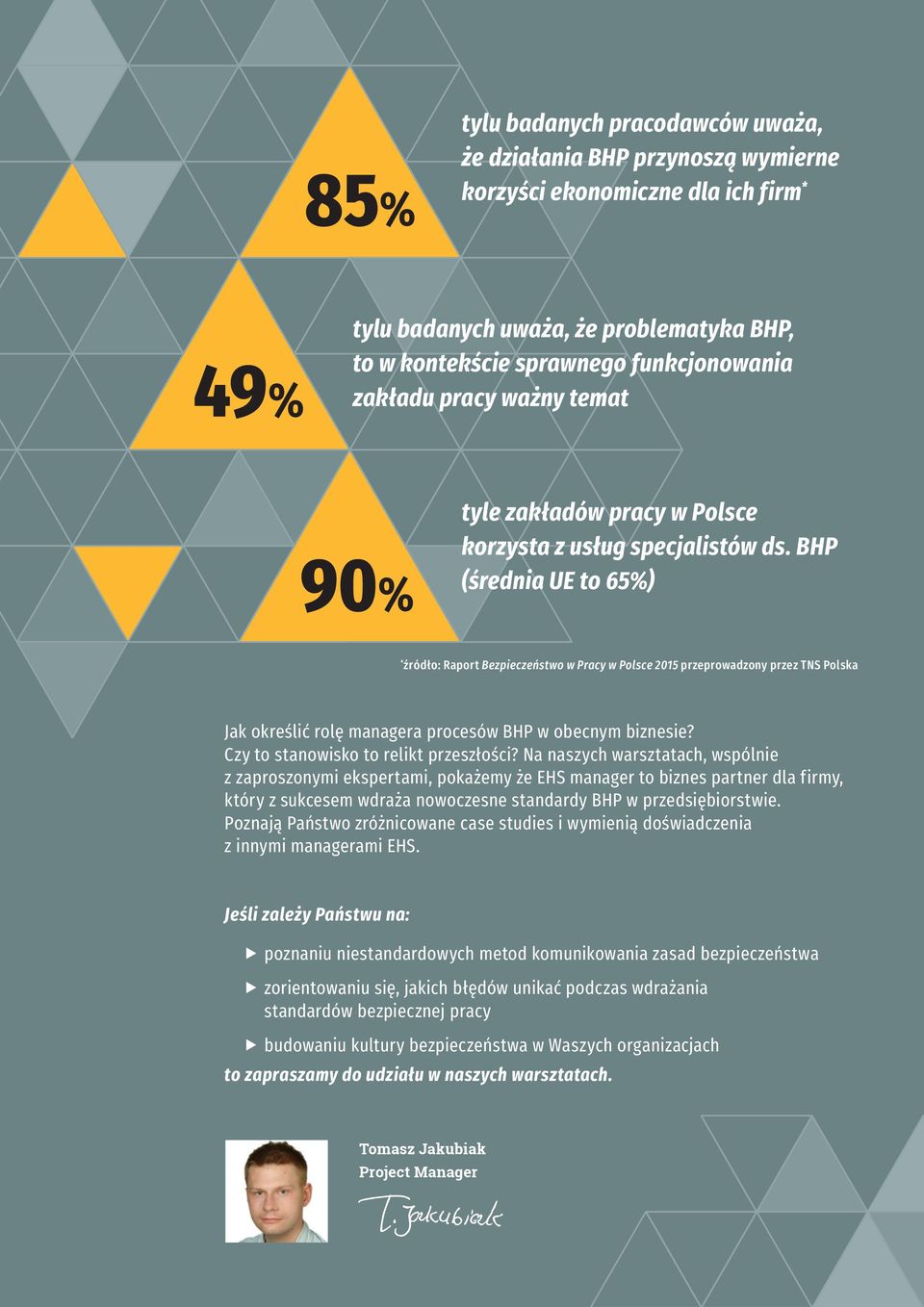 BHP (średnia UE to 65%) * źródło: Raport Bezpieczeństwo w Pracy w Polsce 2015 przeprowadzony przez TNS Polska Jak określić rolę managera procesów BHP w obecnym biznesie?