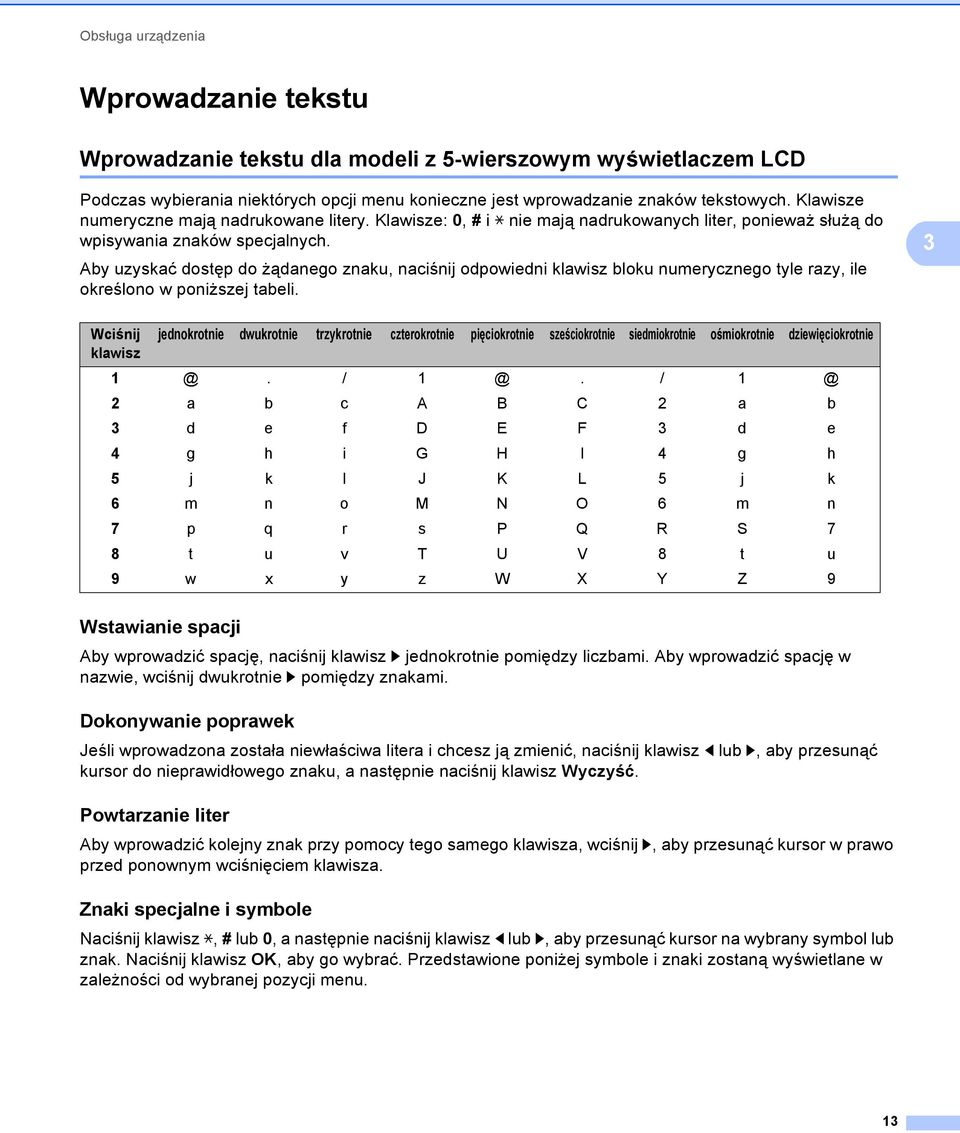 Aby uzyskać dostęp do żądanego znaku, naciśnij odpowiedni klawisz bloku numerycznego tyle razy, ile określono w poniższej tabeli.