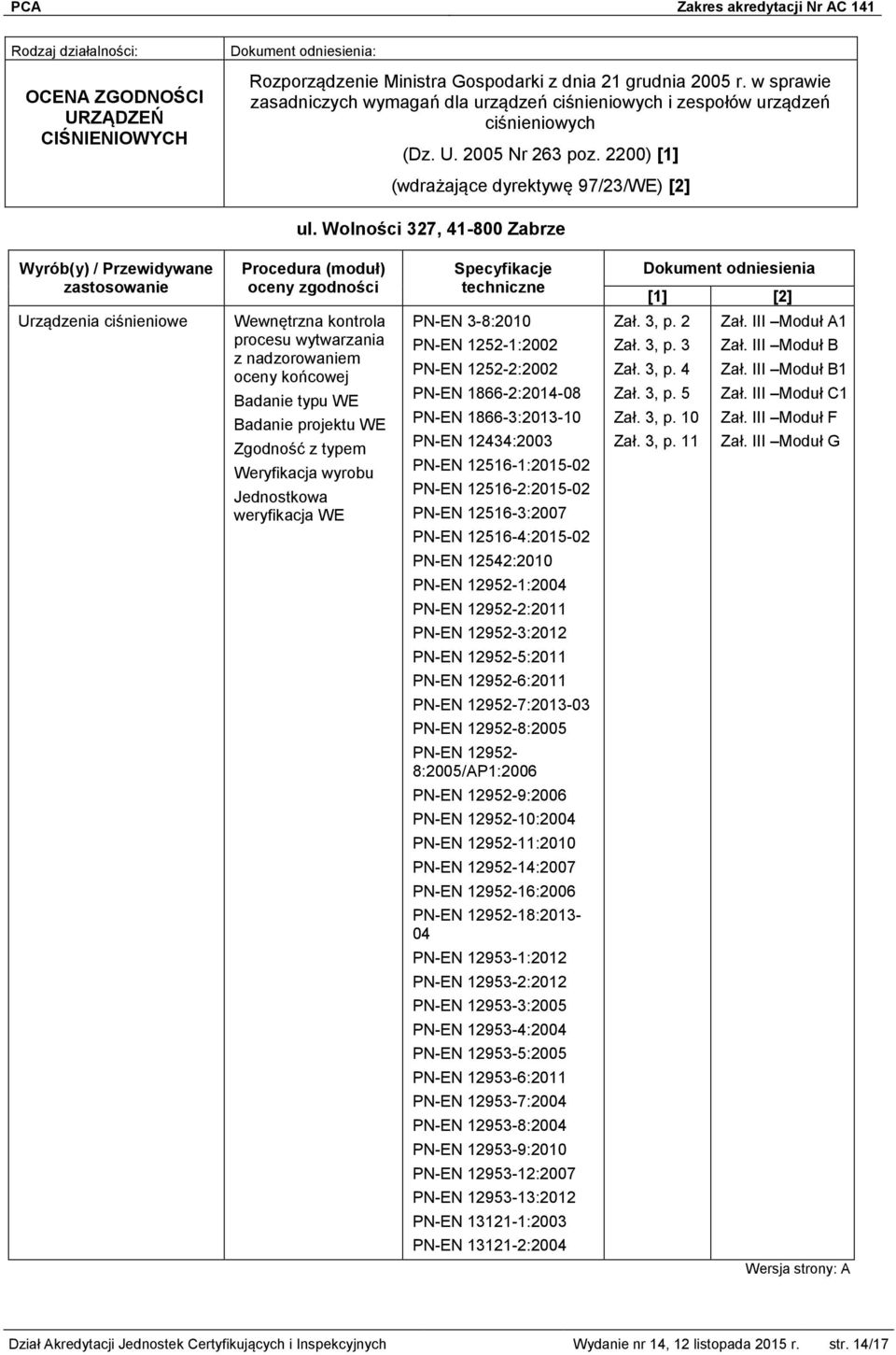 Wolności 327, 41-800 Zabrze Wyrób(y) / Przewidywane zastosowanie Procedura (moduł) oceny zgodności Specyfikacje techniczne Dokument odniesienia [1] [2] Urządzenia ciśnieniowe Wewnętrzna kontrola