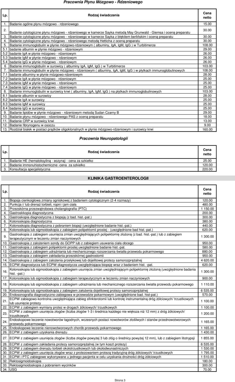 Badanie cytologiczne płynu mózgowo - rdzeniowego w kamerze Sayka z błękitem berlińskim i oceną preparatu 30.00 4. Badanie cytologiczne płynu mózgowo - rdzeniowego metodą Hetticha z oceną preparatu 30.