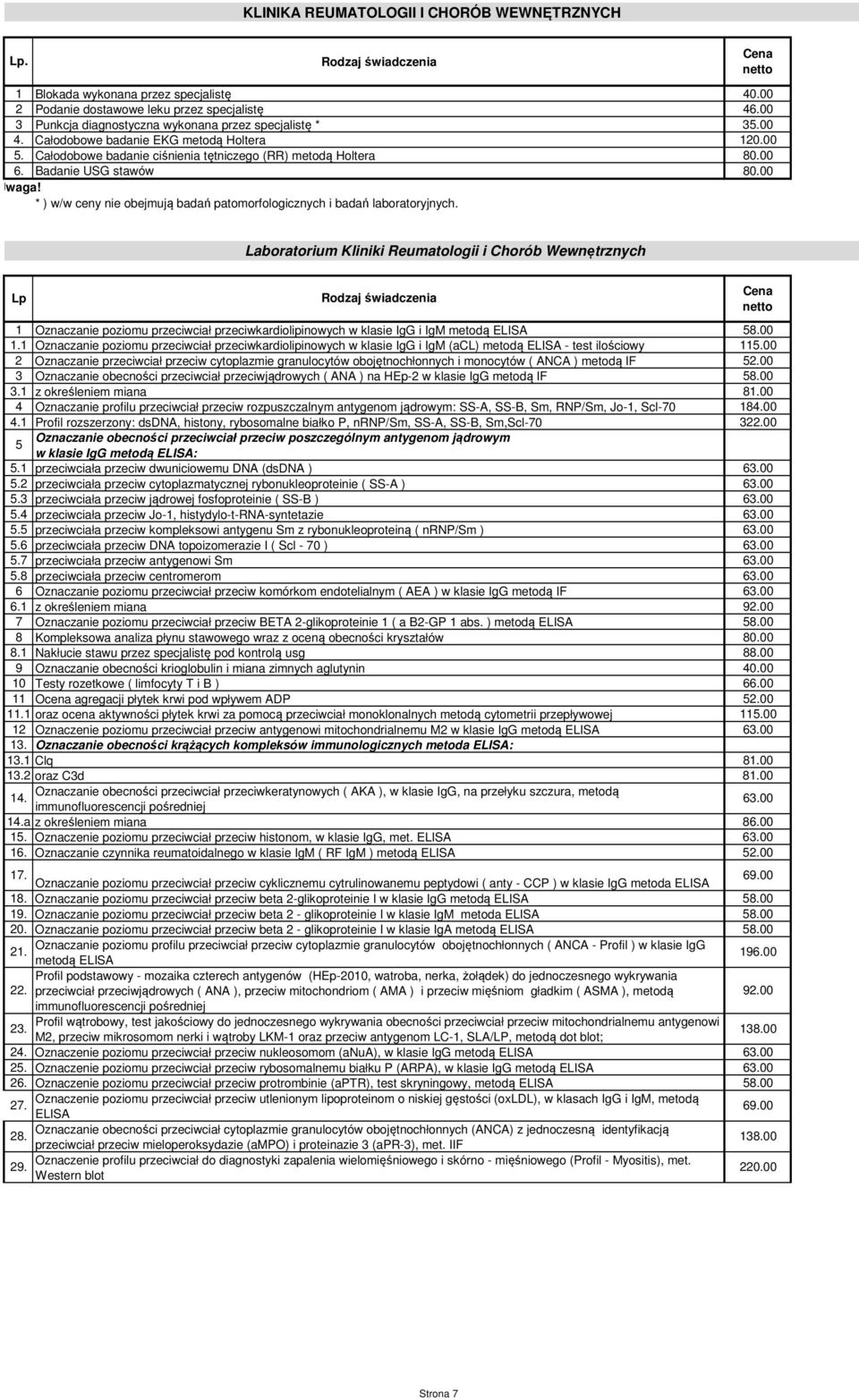 * ) w/w ceny nie obejmują badań patomorfologicznych i badań laboratoryjnych.