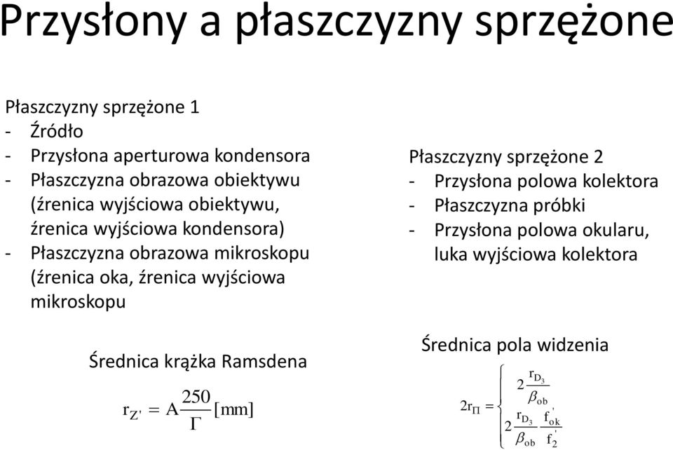 źrenica wyjściowa mikroskopu Średnica krążka Ramsdena r Z ' 250 A [ mm] Płaszczyzny sprzężone 2 - Przysłona polowa kolektora