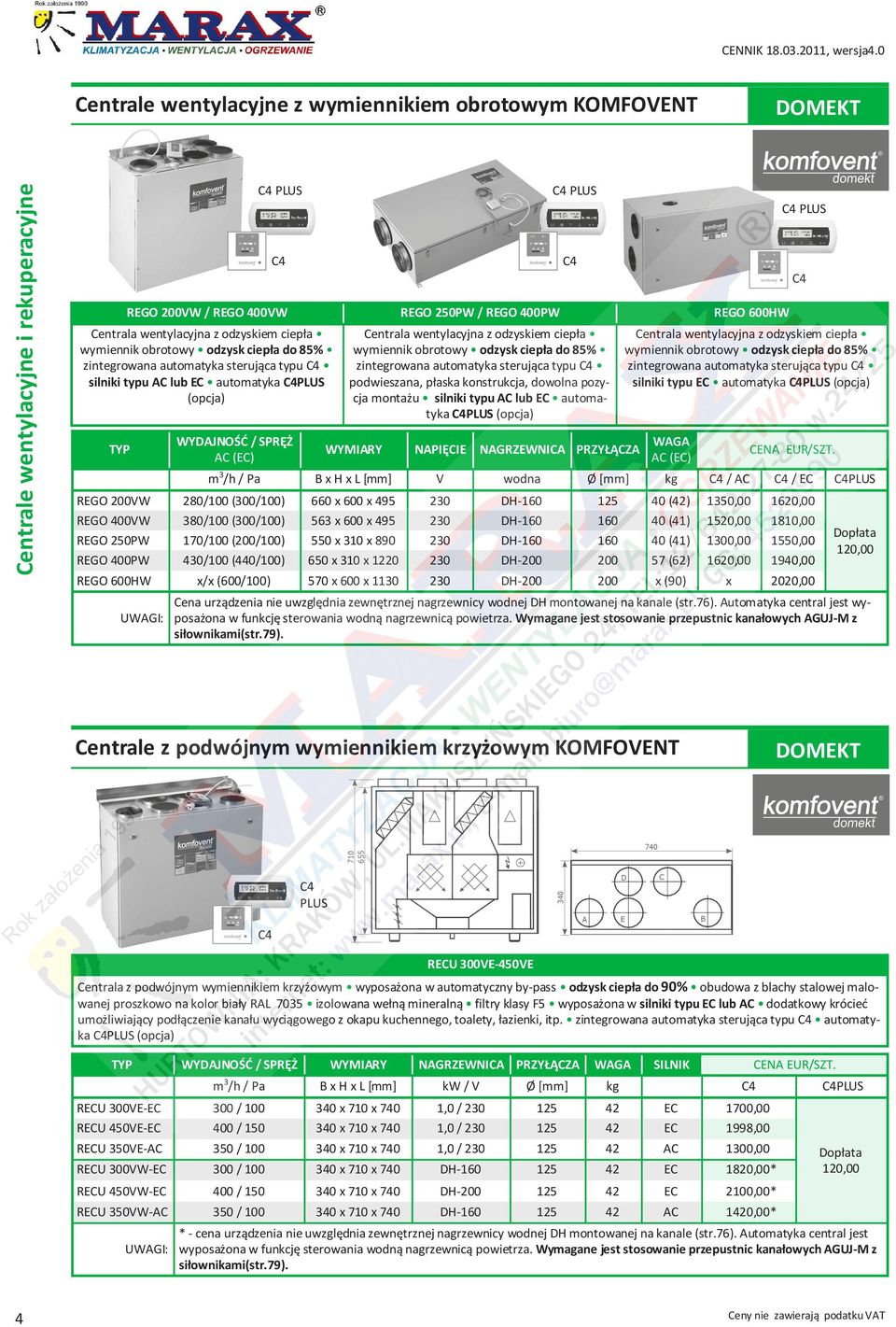 [mm] V wodna Ø [mm] kg C4 / AC C4 / EC C4PLUS REGO 200VW 280/100 (300/100) 660 x 600 x 495 230 DH-160 125 40 (42) 1350,00 1620,00 REGO 400VW 380/100 (300/100) 563 x 600 x 495 230 DH-160 160 40 (41)