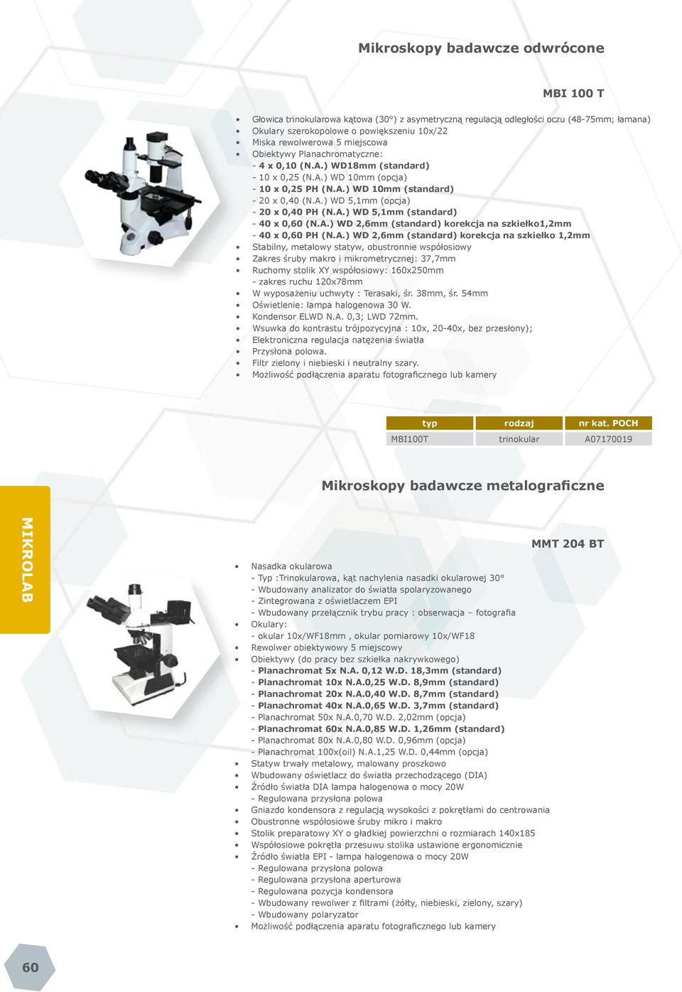 A.) WD 5,1mm (standard) --40 x 0,60 (N.A.) WD 2,6mm (standard) korekcja na szkiełko1,2mm --40 x 0,60 PH (N.A.) WD 2,6mm (standard) korekcja na szkiełko 1,2mm obustronnie współosiowy Zakres śruby