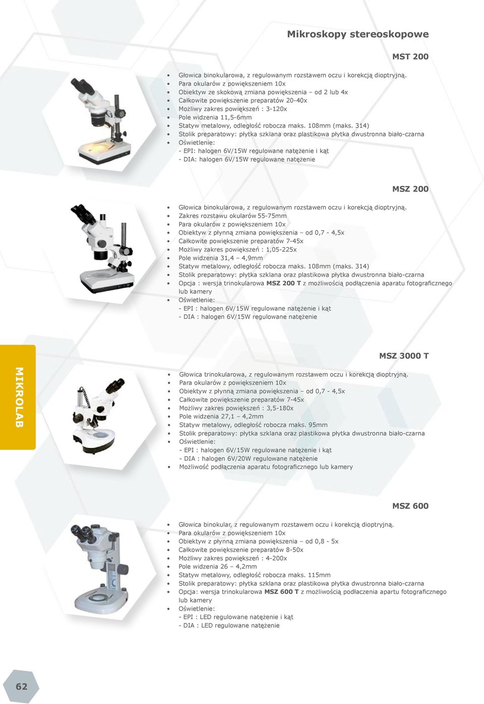 108mm (maks. 314) --EPI: halogen 6V/15W regulowane natężenie i kąt --DIA: halogen 6V/15W regulowane natężenie MSZ 200 Głowica binokularowa, z regulowanym rozstawem oczu i korekcją dioptryjną.