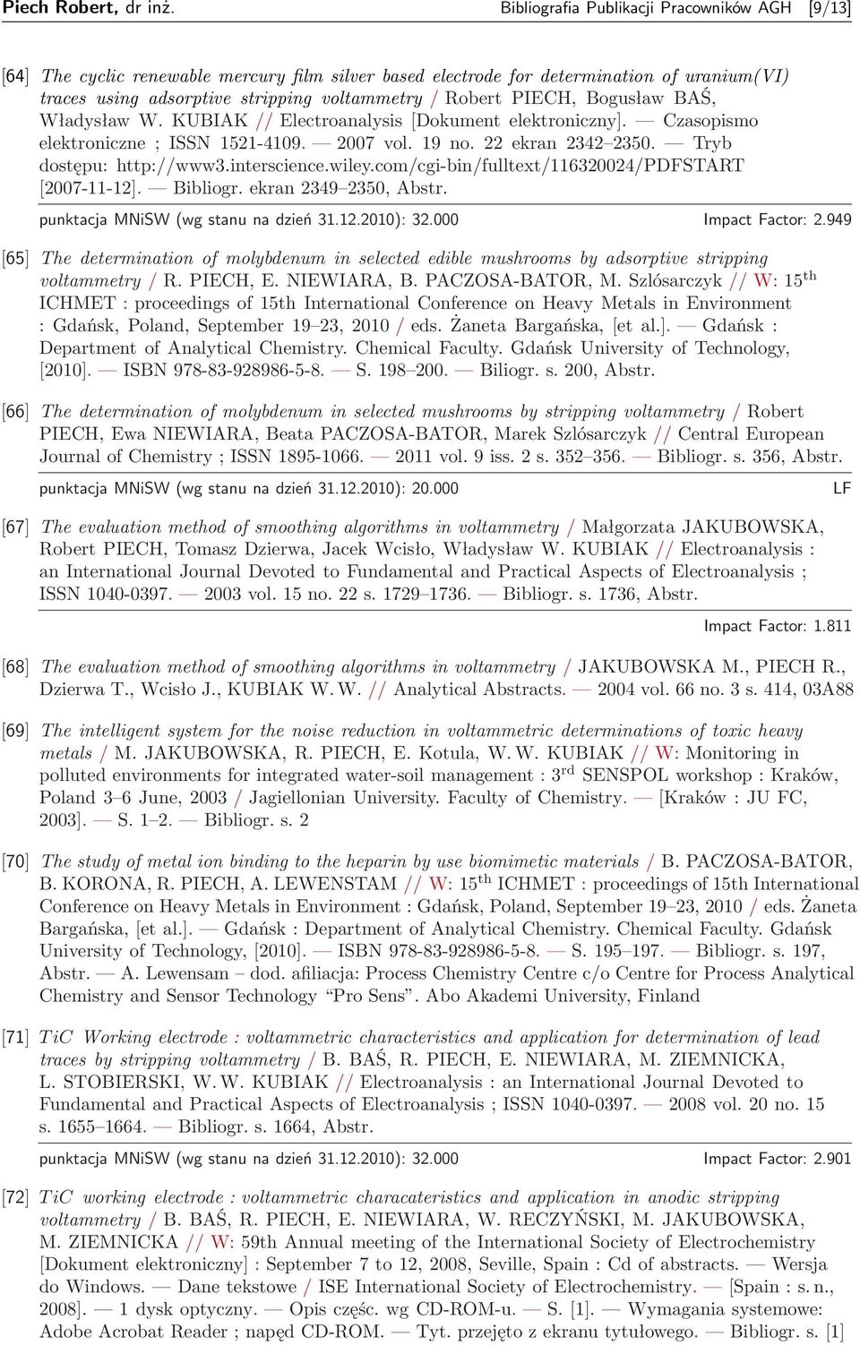 PIECH, Bogusław BAŚ, Władysław W. KUBIAK // Electroanalysis [Dokument elektroniczny]. Czasopismo elektroniczne ; ISSN 1521-4109. 2007 vol. 19 no. 22 ekran 2342 2350. Tryb dostępu: http://www3.