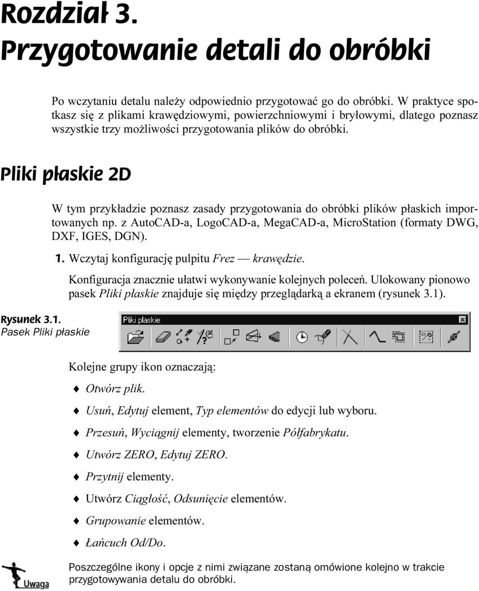 Pasek Pliki płaskie W tym przykładzie poznasz zasady przygotowania do obróbki plików płaskich importowanych np. z AutoCAD-a, LogoCAD-a, MegaCAD-a, MicroStation (formaty DWG, DXF, IGES, DGN). 1.