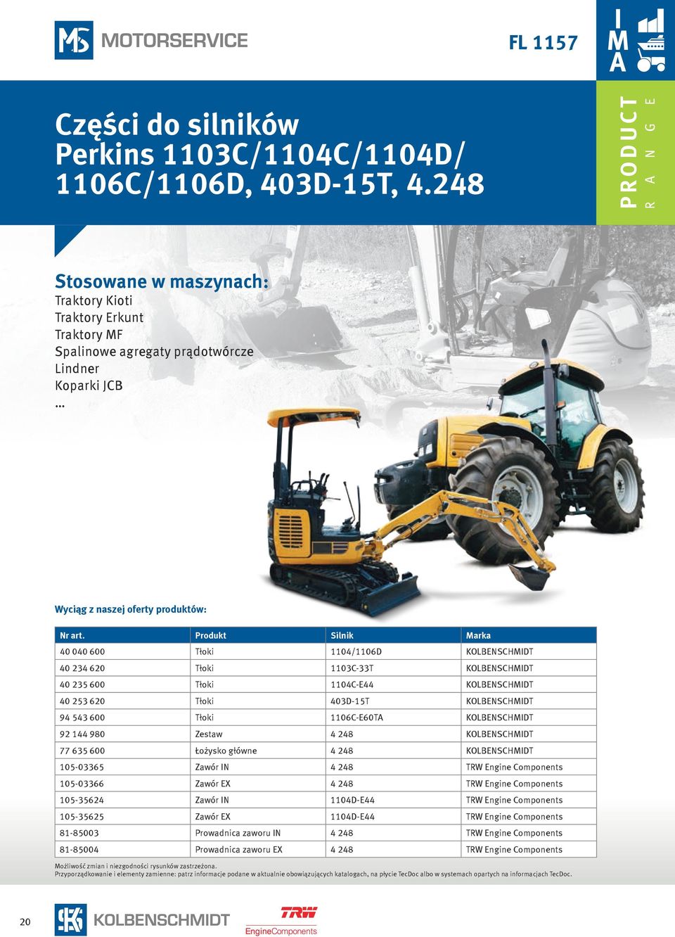 Tłoki 1106C-E60TA KOLBENSCHMIDT 92 144 980 Zestaw 4 248 KOLBENSCHMIDT 77 635 600 Łożysko główne 4 248 KOLBENSCHMIDT 105-03365 Zawór IN 4 248 TRW Engine Components 105-03366 Zawór EX 4 248 TRW Engine
