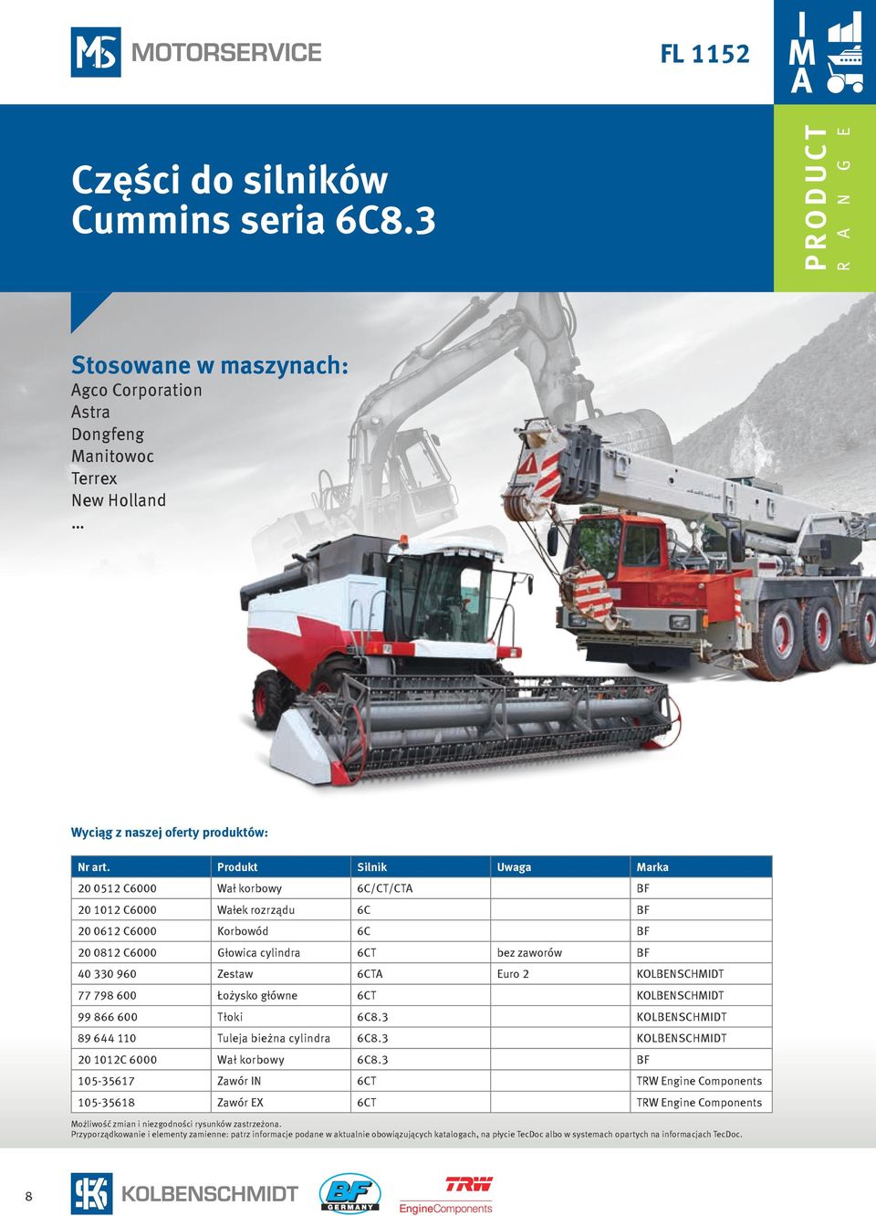 Głowica cylindra 6CT bez zaworów BF 40 330 960 Zestaw 6CTA Euro 2 KOLBENSCHMIDT 77 798 600 Łożysko główne 6CT KOLBENSCHMIDT 99 866 600 Tłoki 6C8.
