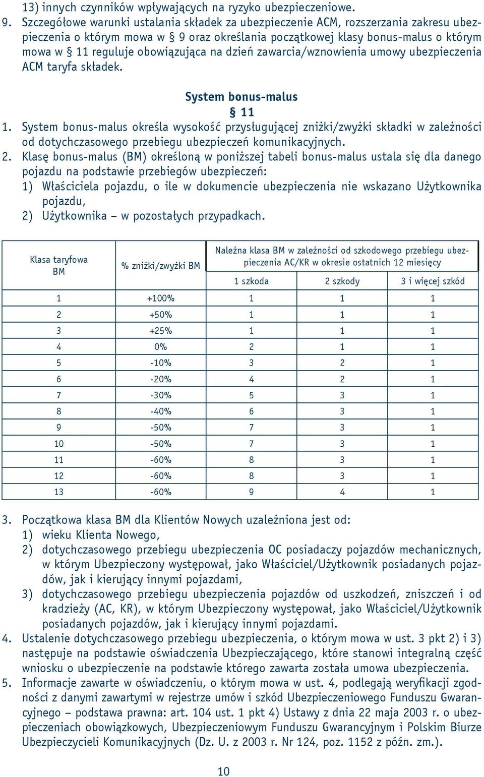 na dzień zawarcia/wznowienia umowy ubezpieczenia ACM taryfa składek. System bonus-malus 11 1.