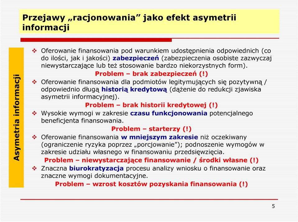 ) Oferowanie finansowania dla podmiotów legitymujących się pozytywną / odpowiednio długą historią kredytową (dążenie do redukcji zjawiska asymetrii informacyjnej). Problem brak historii kredytowej (!