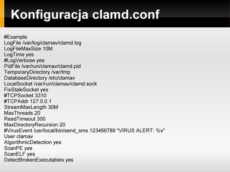 pid TemporaryDirectory /var/tmp DatabaseDirectory /etc/clamav LocalSocket /var/run/clamav/clamd.