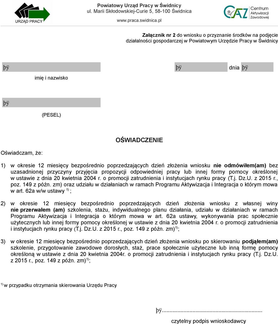 kwietnia 2004 r. o promocji zatrudnienia i instytucjach rynku pracy (T.j. Dz.U. z 2015 r., poz. 149 z późn.