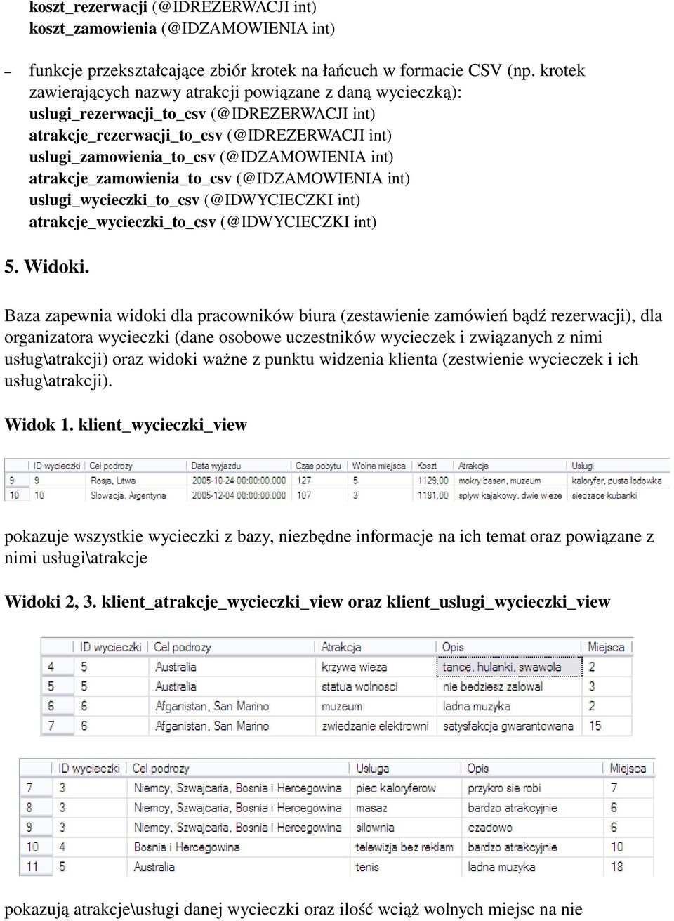 int) atrakcje_zamowienia_to_csv (@IDZAMOWIENIA int) uslugi_wycieczki_to_csv (@IDWYCIECZKI int) atrakcje_wycieczki_to_csv (@IDWYCIECZKI int) 5. Widoki.