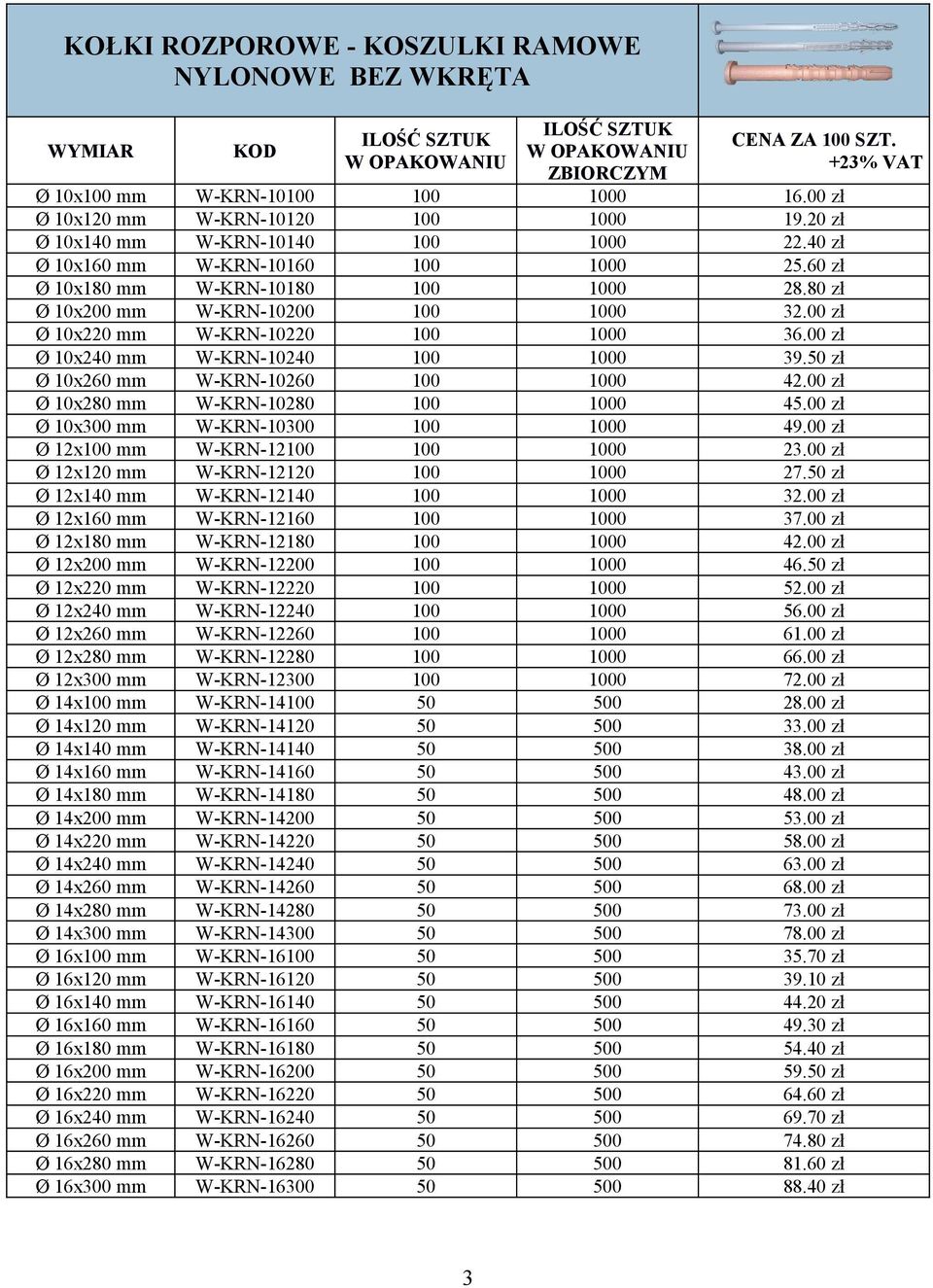 00 zł Ø 10x240 mm W-KRN-10240 100 1000 39.50 zł Ø 10x260 mm W-KRN-10260 100 1000 42.00 zł Ø 10x280 mm W-KRN-10280 100 1000 45.00 zł Ø 10x300 mm W-KRN-10300 100 1000 49.