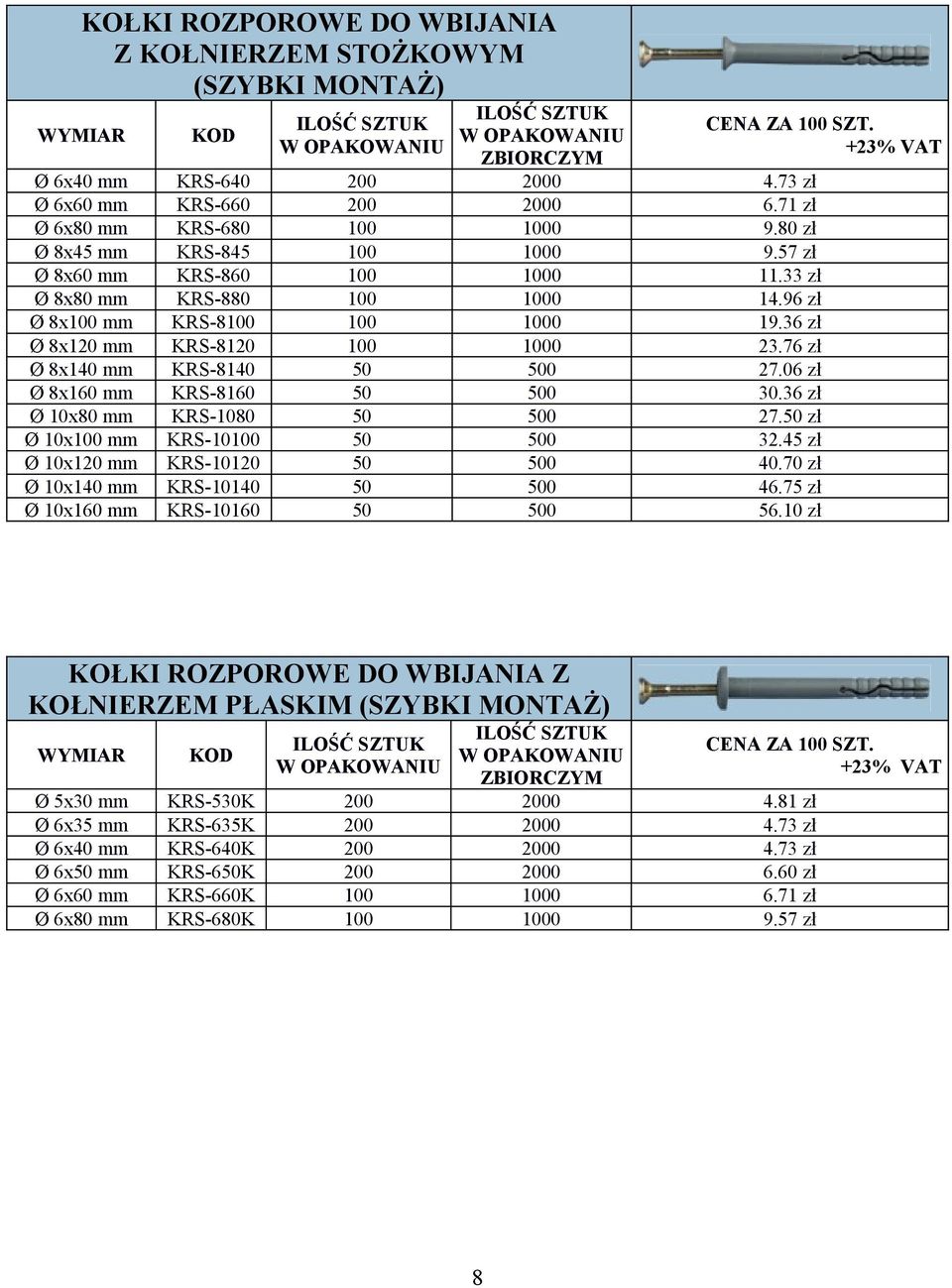 76 zł Ø 8x140 mm KRS-8140 50 500 27.06 zł Ø 8x160 mm KRS-8160 50 500 30.36 zł Ø 10x80 mm KRS-1080 50 500 27.50 zł Ø 10x100 mm KRS-10100 50 500 32.45 zł Ø 10x120 mm KRS-10120 50 500 40.