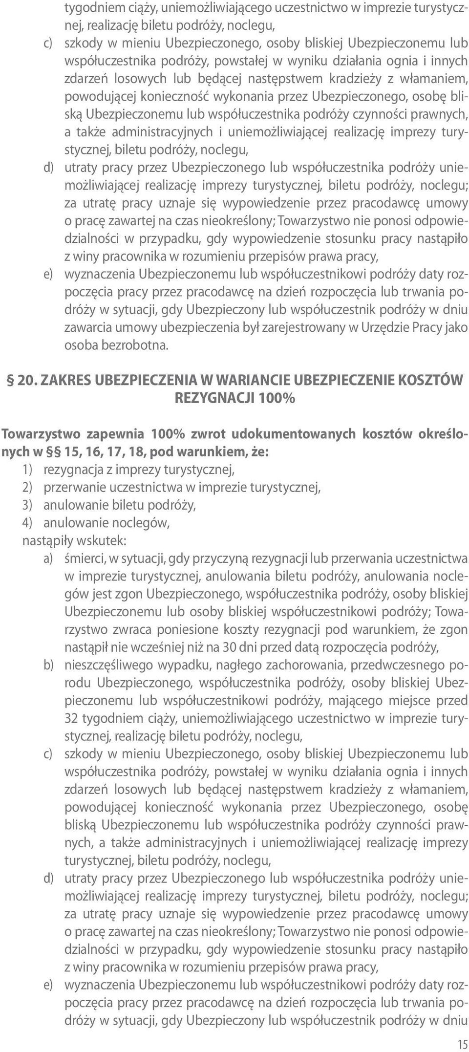Ubezpieczonemu lub współuczestnika podróży czynności prawnych, a także administracyjnych i uniemożliwiającej realizację imprezy turystycznej, biletu podróży, noclegu, d) utraty pracy przez
