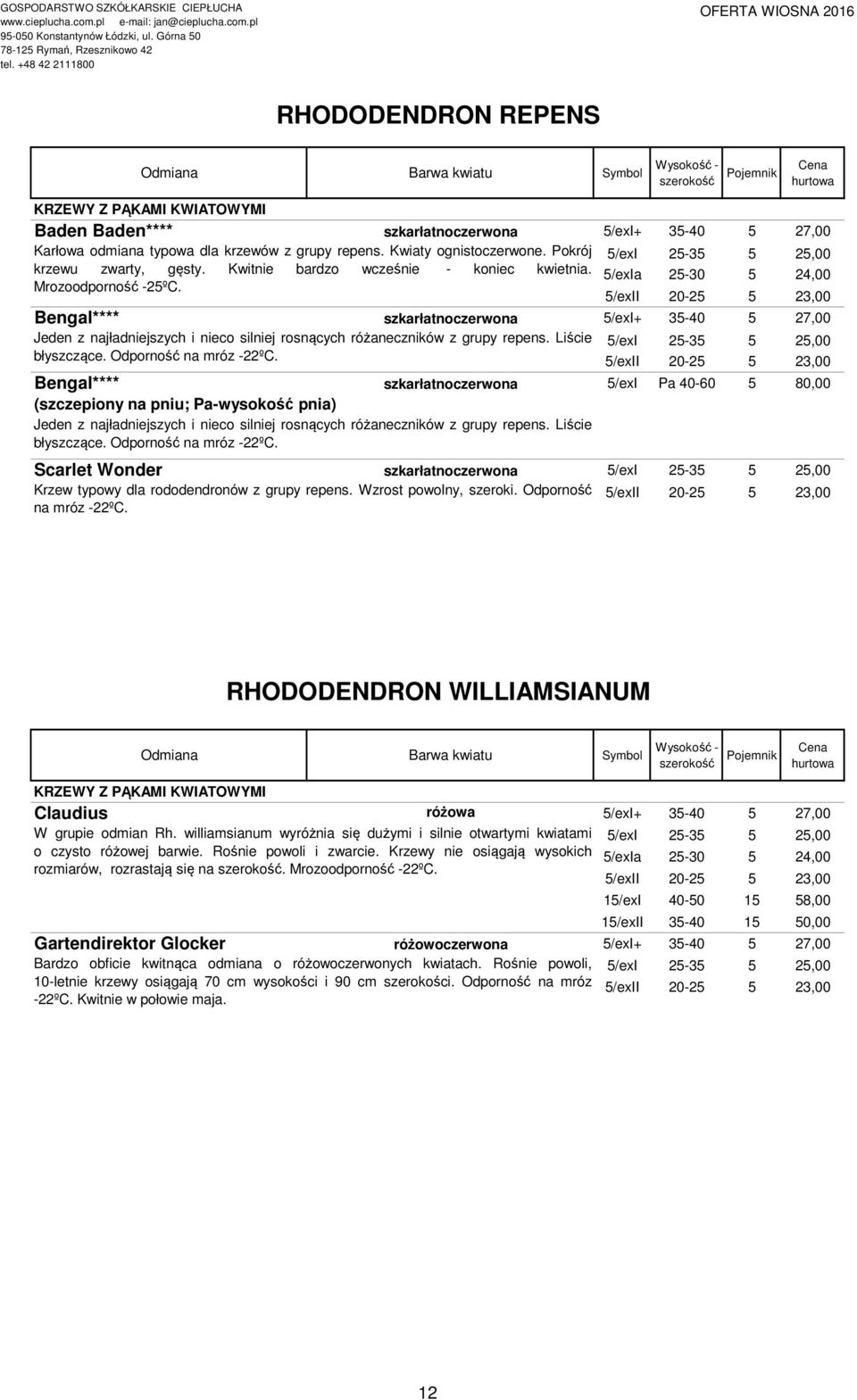 Bengal**** szkarłatnoczerwona 5/exI+ 35-40 5 27,00 Jeden z najładniejszych i nieco silniej rosnących różaneczników z grupy repens. Liście 5/exI 25-35 5 25,00 błyszczące. Odporność na mróz -22ºC.