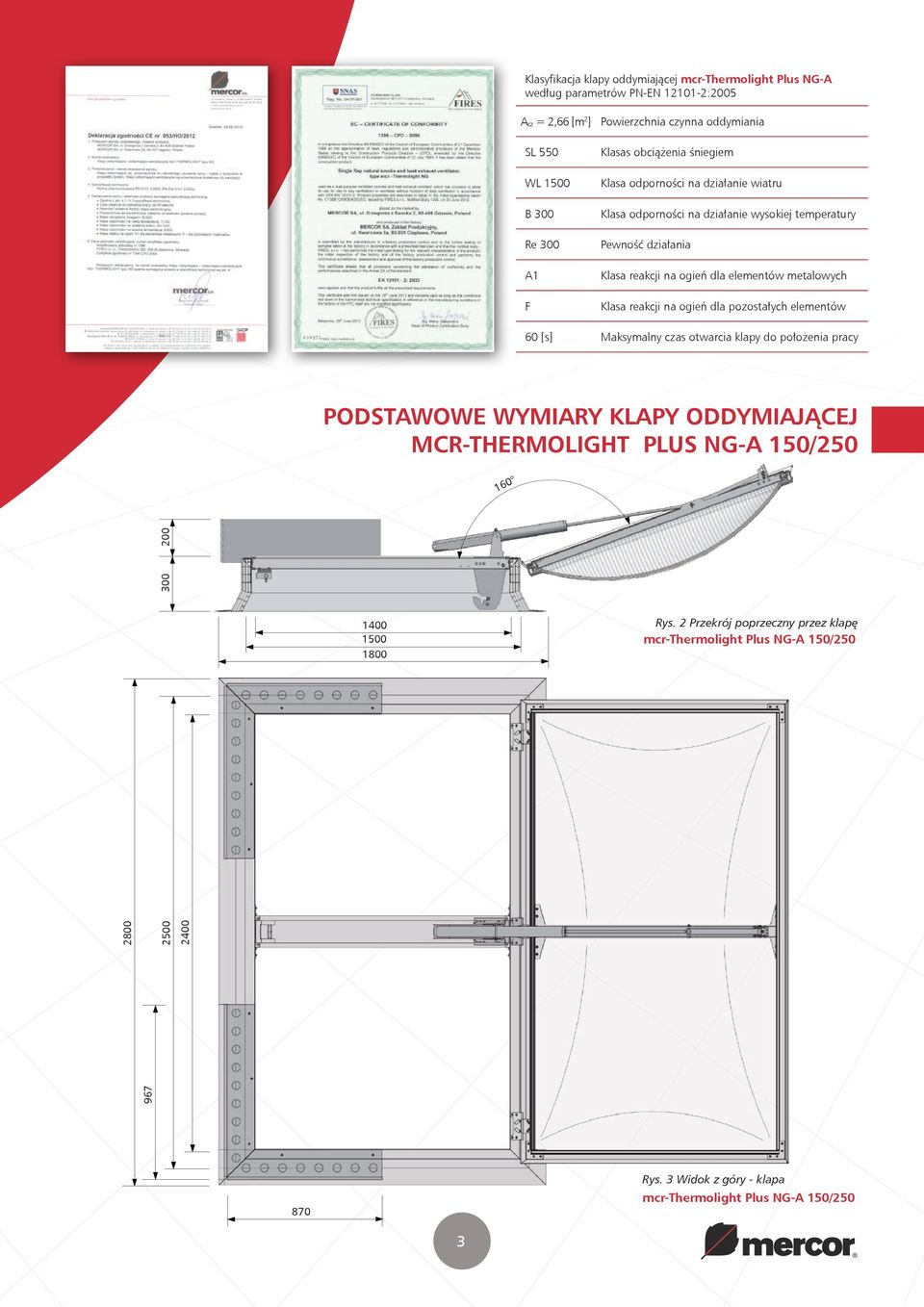 Klasa reakcji na ogień dla pozostałych elementów 60 [s] Maksymalny czas otwarcia klapy do położenia pracy PODSTAWOWE WYMIARY KLAPY ODDYMIAJĄCEJ MCR-THERMOLIGHT PLUS NG-A 150/250