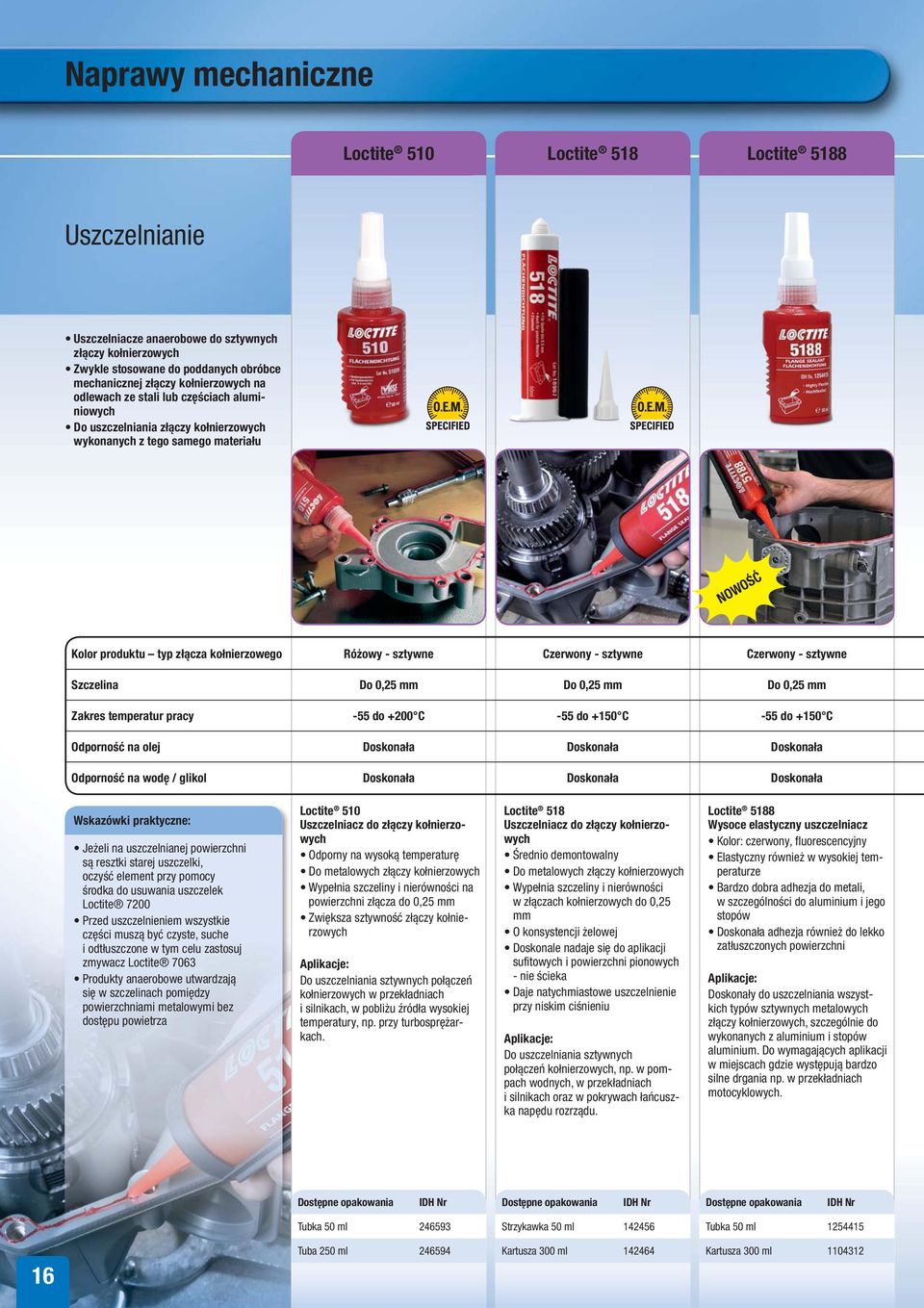 Czerwony - sztywne Czerwony - sztywne Szczelina Do 0,25 mm Do 0,25 mm Do 0,25 mm Zakres temperatur pracy -55 do +200 C -55 do +150 C -55 do +150 C Odporność na olej Doskonała Doskonała Doskonała