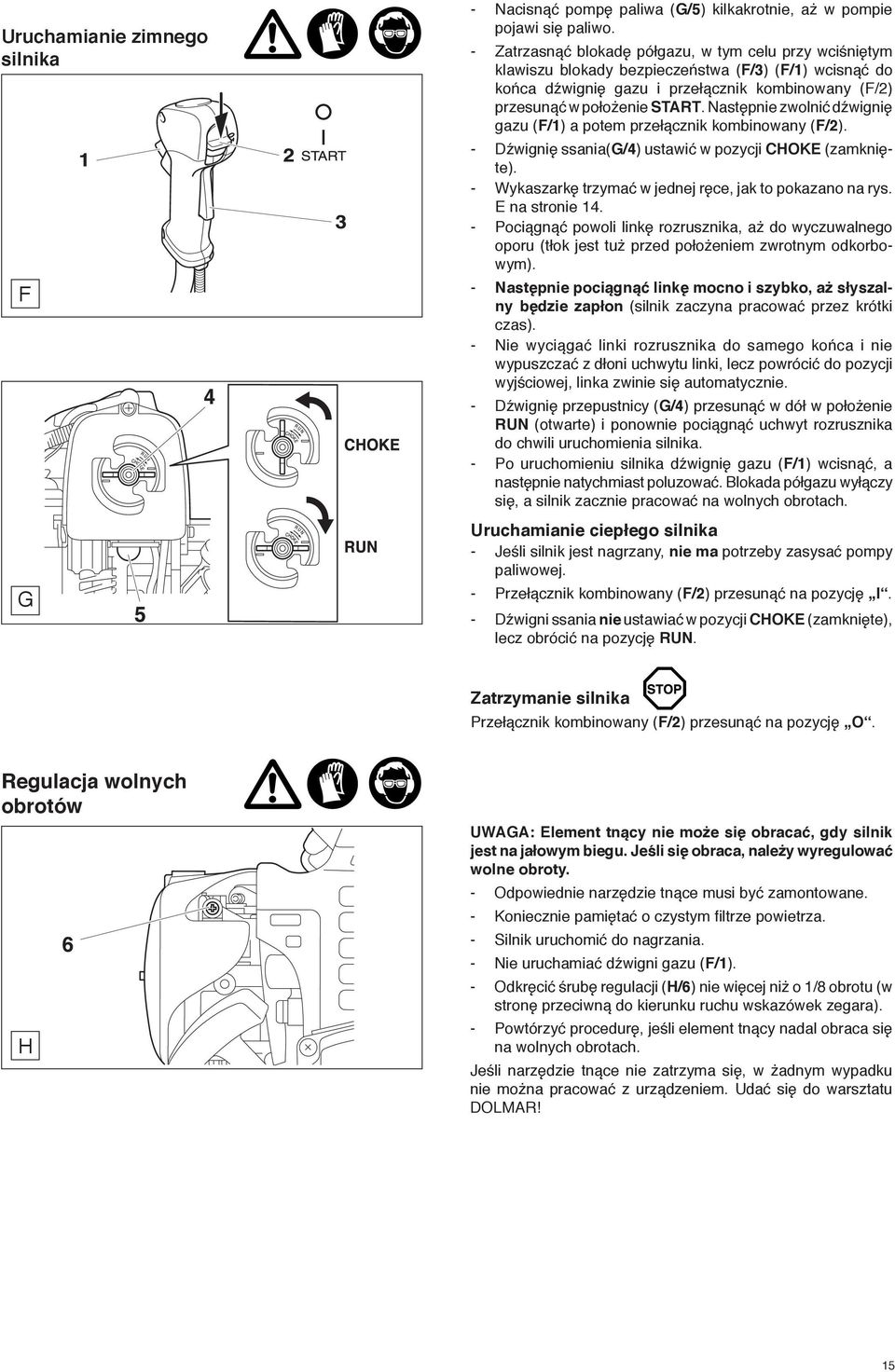 Następnie zwolnić dźwignię gazu (F/1) a potem przełącznik kombinowany (F/2). - Dźwignię ssania(g/4) ustawić w pozycji CHOKE (zamknięte). - Wykaszarkę trzymać w jednej ręce, jak to pokazano na rys.