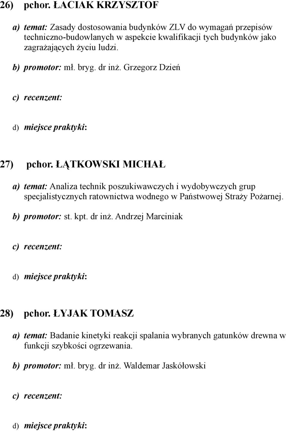 zagrażających życiu ludzi. b) promotor: mł. bryg. dr inż. Grzegorz Dzień 27) pchor.