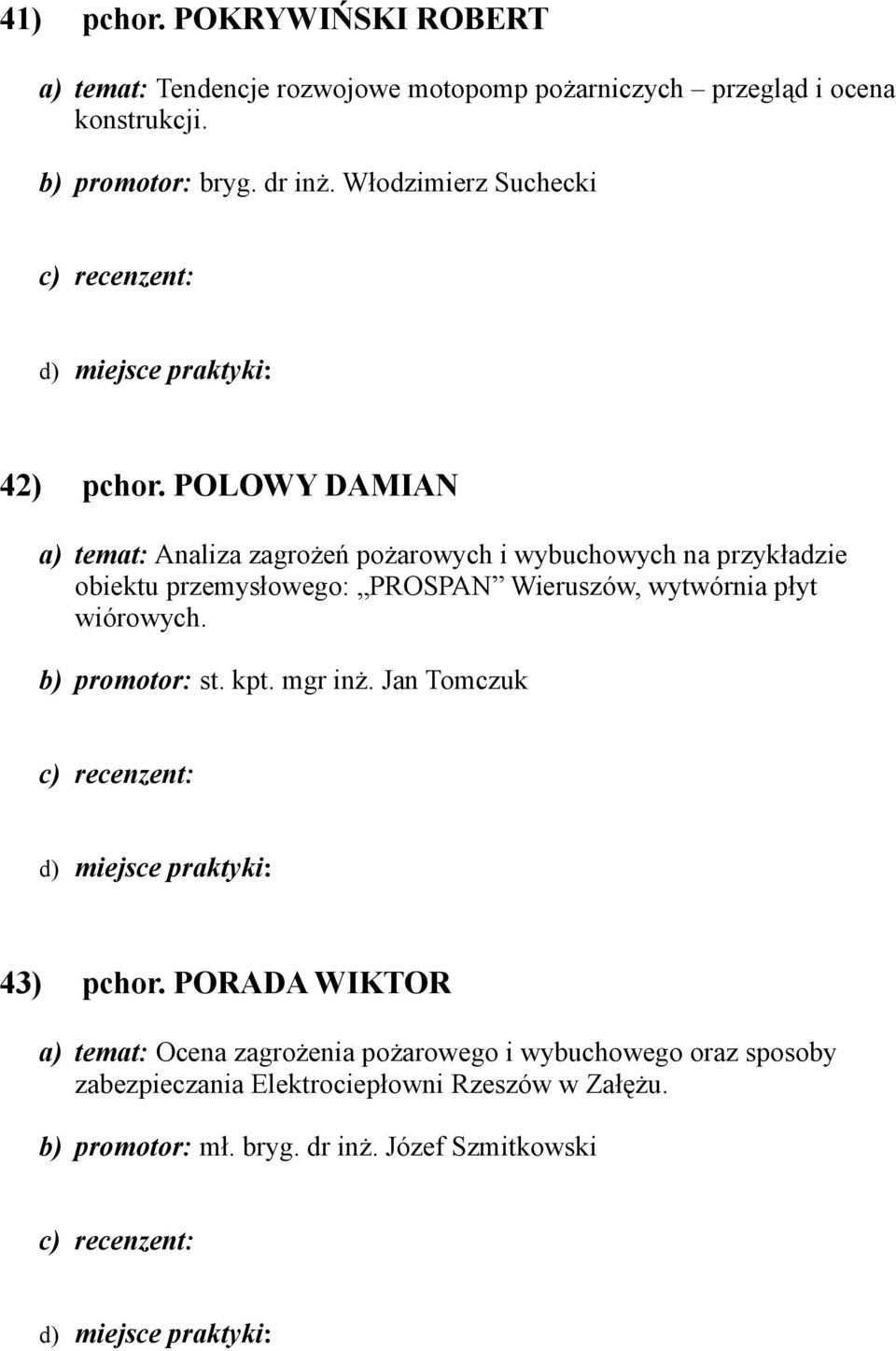 POLOWY DAMIAN a) temat: Analiza zagrożeń pożarowych i wybuchowych na przykładzie obiektu przemysłowego: PROSPAN Wieruszów, wytwórnia płyt