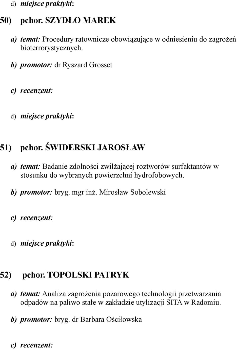 ŚWIDERSKI JAROSŁAW a) temat: Badanie zdolności zwilżającej roztworów surfaktantów w stosunku do wybranych powierzchni hydrofobowych.