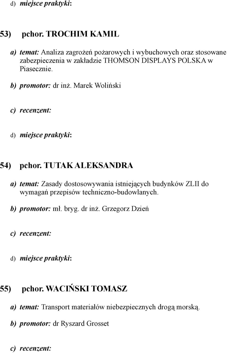 DISPLAYS POLSKA w Piasecznie. b) promotor: dr inż. Marek Woliński 54) pchor.