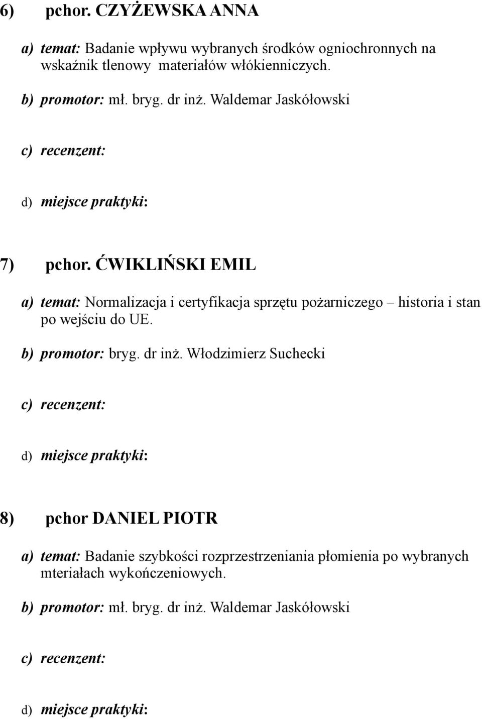 ĆWIKLIŃSKI EMIL a) temat: Normalizacja i certyfikacja sprzętu pożarniczego historia i stan po wejściu do UE. b) promotor: bryg.
