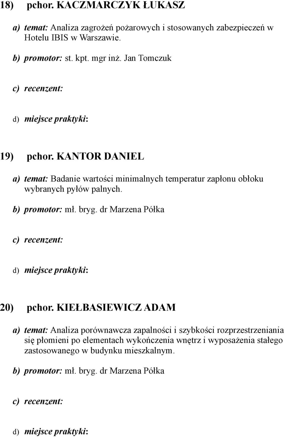 b) promotor: mł. bryg. dr Marzena Półka 20) pchor.