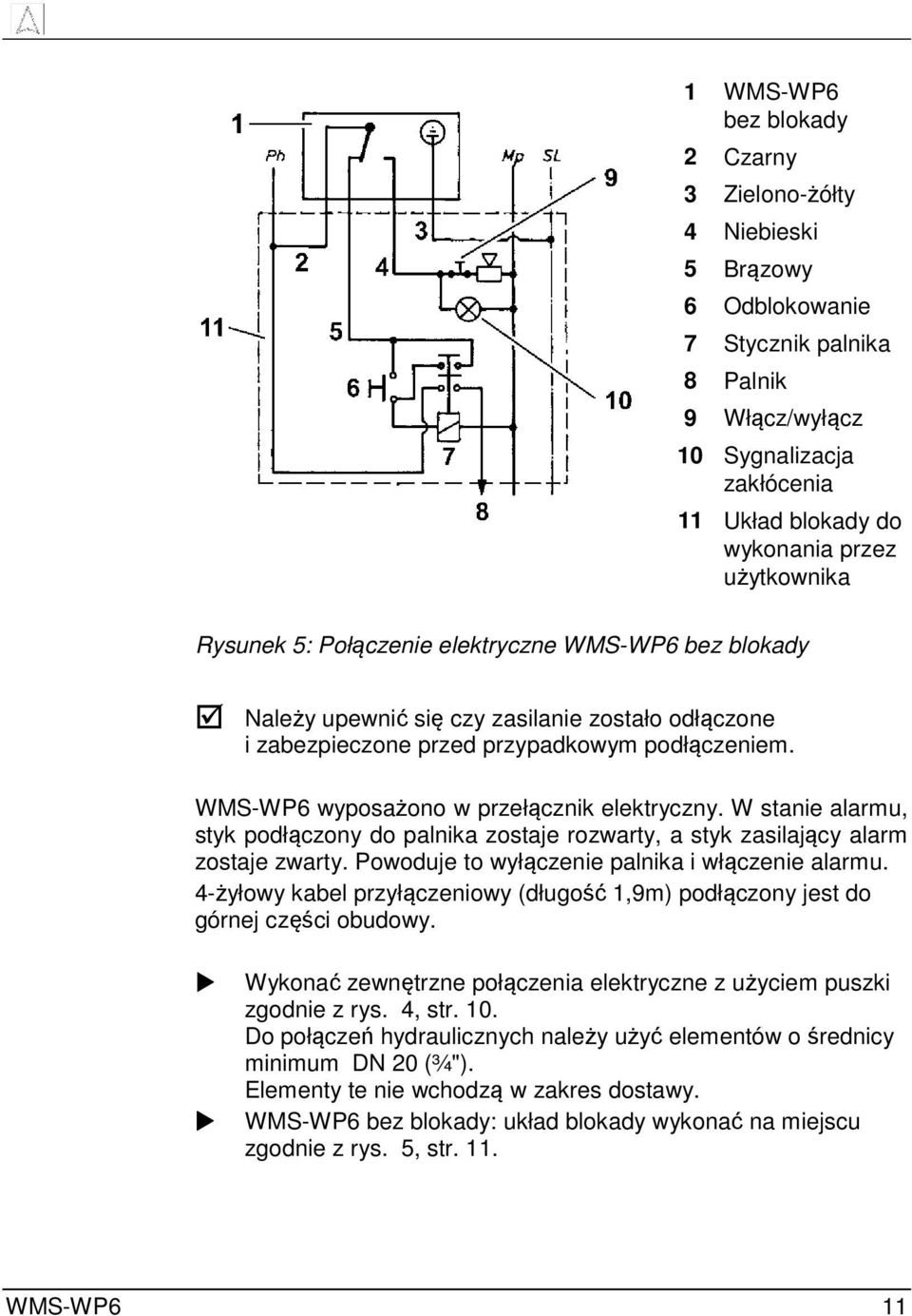 WMS-WP6 wyposażono w przełącznik elektryczny. W stanie alarmu, styk podłączony do palnika zostaje rozwarty, a styk zasilający alarm zostaje zwarty. Powoduje to wyłączenie palnika i włączenie alarmu.