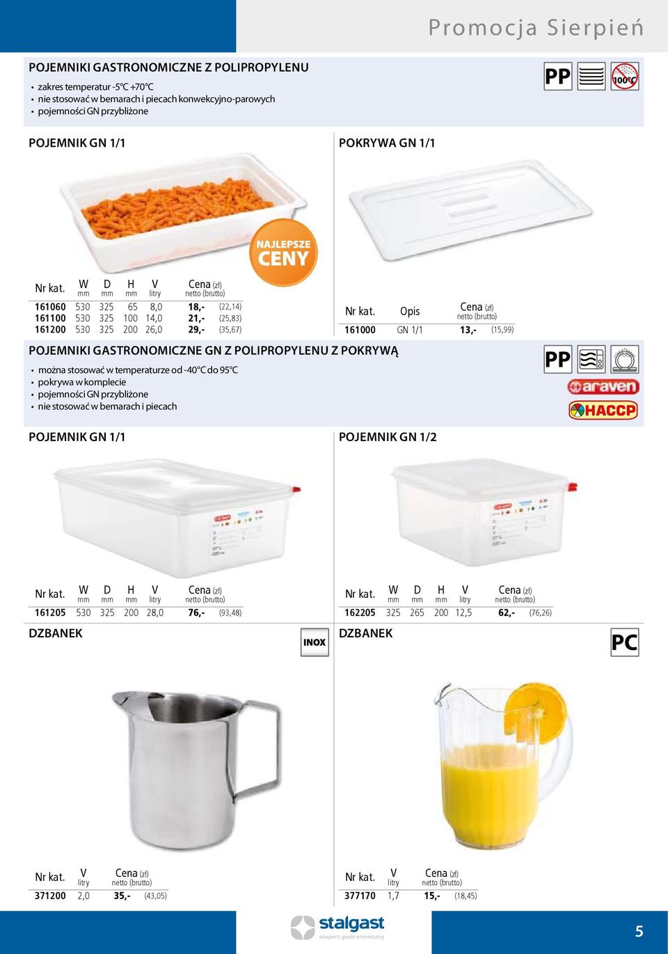 GASTRONOMICZNE GN Z POLIPROPYLENU Z POKRYĄ można stosować w temperaturze od -40 C do 95 C pokrywa w komplecie pojemności GN przybliżone nie stosować w bemarach i