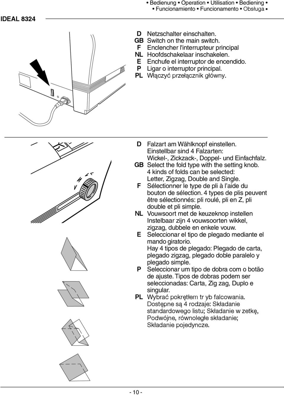 09-01 D alzart am Wählknopf einstellen. instellbar sind 4 alzarten: Wickel-, Zickzack-, Doppel- und infachfalz. GB Select the fold type with the setting knob.