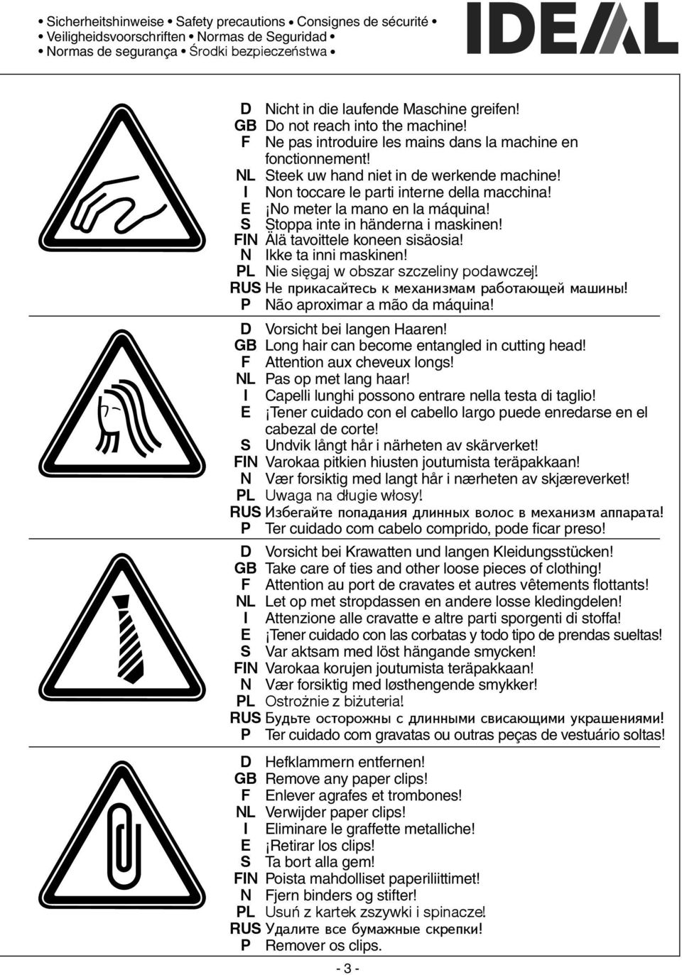 No meter la mano en la máquina! S Stoppa inte in händerna i maskinen! IN Älä tavoittele koneen sisäosia! N Ikke ta inni maskinen! L Nie sięgaj w obszar szczeliny podawczej!