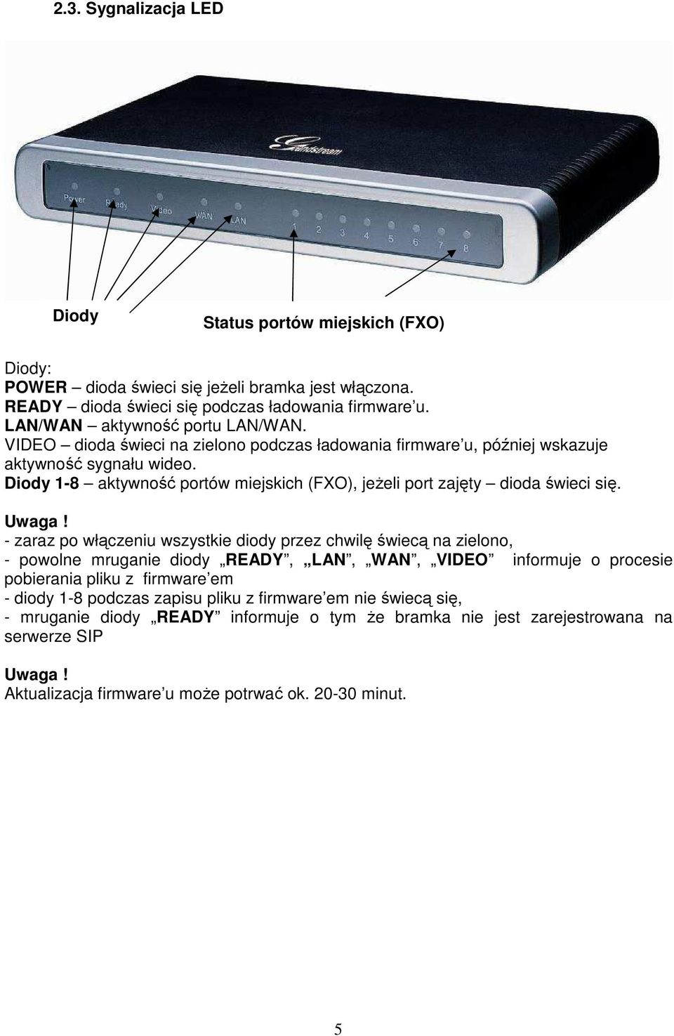Diody 1-8 aktywność portów miejskich (FXO), jeŝeli port zajęty dioda świeci się. Uwaga!