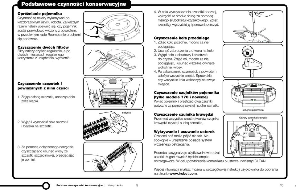 Za każdym razem należy upewnić się, czy pojemnik został prawidłowo włożony z powrotem, w przeciwnym razie Roomba nie uruchomi się ponownie. Czyszczenie koła przedniego 1.