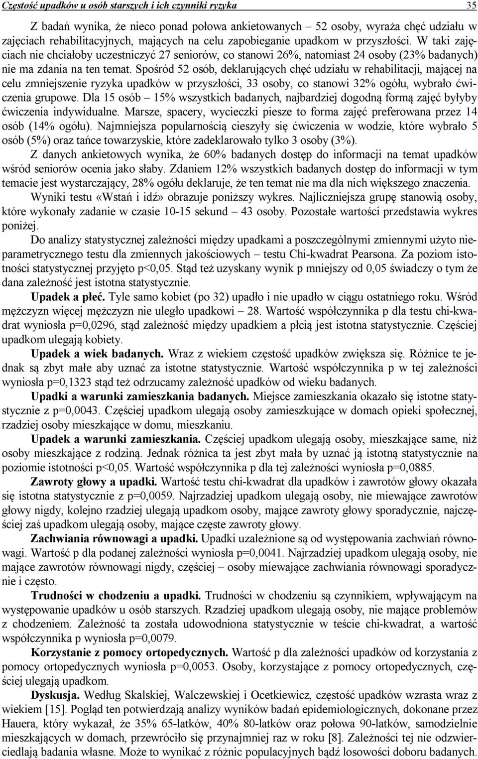 Spośród 52 osób, deklarujących chęć udziału w rehabilitacji, mającej na celu zmniejszenie ryzyka upadków w przyszłości, 33 osoby, co stanowi 32% ogółu, wybrało ćwiczenia grupowe.
