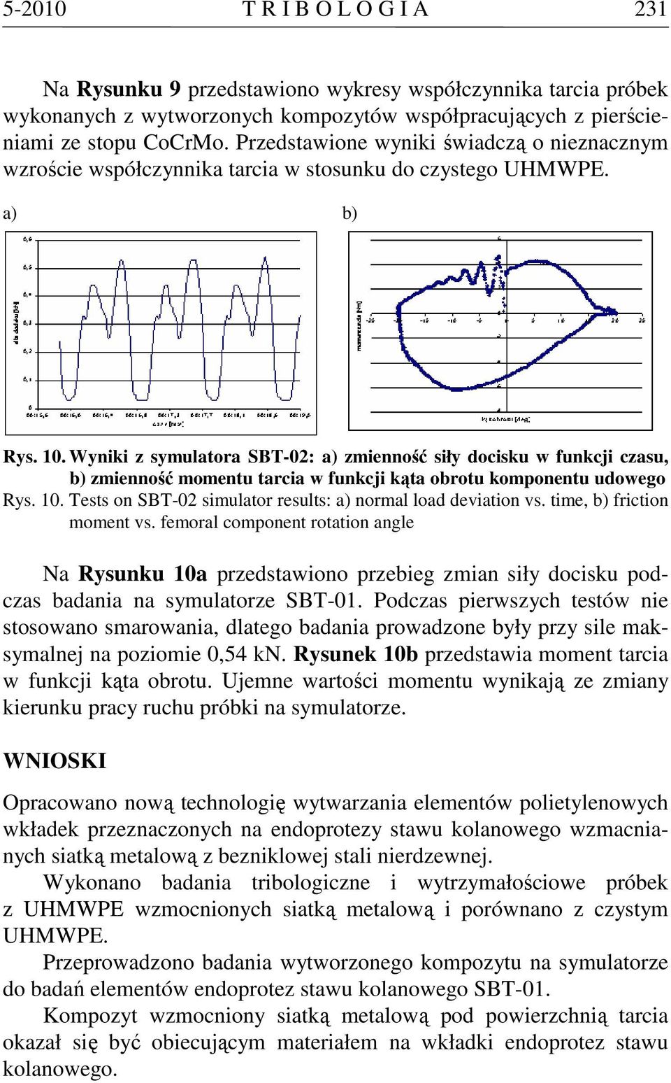 Wyniki z symulatora SBT-02: a) zmienność siły docisku w funkcji czasu, b) zmienność momentu tarcia w funkcji kąta obrotu komponentu udowego Rys. 10.