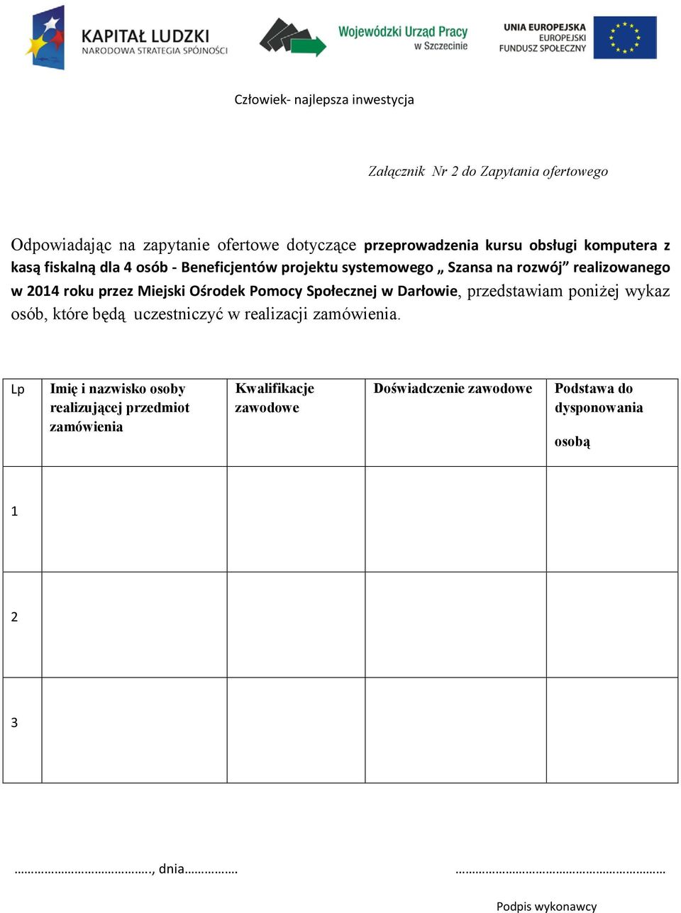 Społecznej w Darłowie, przedstawiam poniżej wykaz osób, które będą uczestniczyć w realizacji zamówienia.