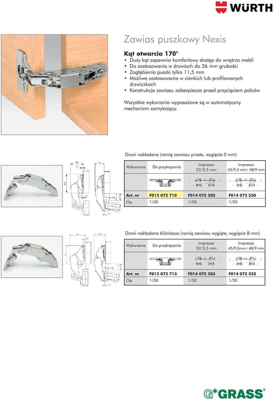 Drzwi nak adane (rami zawiasu proste, wygi cie 0 mm) Wykonanie Do przykr cenia Impresso 52/5,5 mm Impresso 45/9,5 mm i 48/9 mm Art. nr F015 072 710 F014 072 502 F014 072 530 Op.